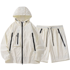 Men Sun Protection Suit 100% Nylon Hooded Jacket And Shorts Set Breathable Quick Dry Outdoor Techwear Sportswear