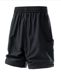 Back view of black cargo shorts featuring wide elastic waistband and fine fabric texture