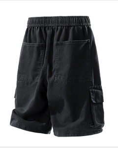 Detailed back view of black denim cargo shorts showing large pockets and elastic waistband