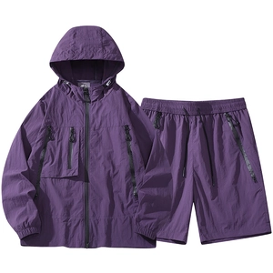 Men's deep purple hooded outdoor jacket and shorts set with breathable fabric