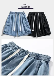 Detailed macro view showing elastic waistband with drawstring on washed cargo denim shorts