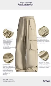 Dettagli dei pantaloni da trekking kaki con coulisse elastica in vita e ampie tasche cargo