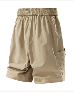 Detailed back view of khaki cargo shorts showing elastic waist and utility pocket