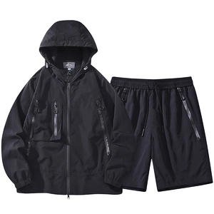 Men's outdoor hooded sun protection jacket and shorts set with waterproof zippers