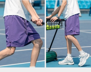 Dettaglio dei pantaloncini sportivi viola ad asciugatura rapida con coulisse