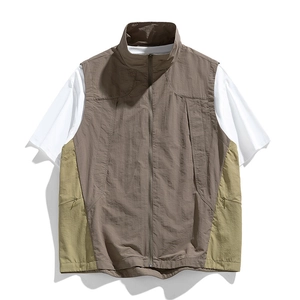 Outdoor camping vest in khaki and olive green patchwork with a stand collar design