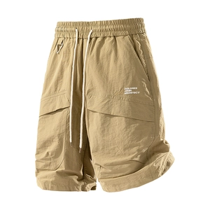 Men's khaki cargo shorts with elastic drawstring waist and waterproof quick-dry fabric