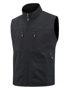 Men's black multi-pocket cargo fishing vest with stand collar and zipper closure