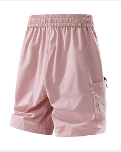 Detailed view of elastic waistband and cargo pocket on light pink summer shorts