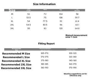 Detailed size chart and fitting report for water-repellent cargo shorts from M to 3XL