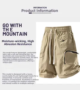 Detail of khaki outdoor cargo shorts showing breathable fabric and elastic drawstring waist