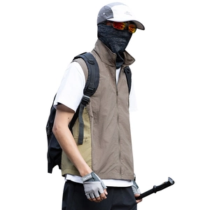 Outdoor camping vest for men and women with hiking sunglasses, gloves and sports gear