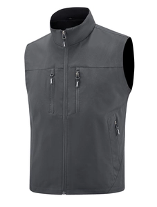 Men's outdoor functional multi-pocket fishing vest in charcoal grey with standing collar