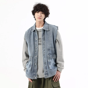 Gilet en Jean Vintage pour Femmes Ample avec Multipoches Style Workwear Veste sans Manches Streetwear Japonais Contraste Coton