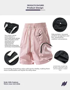 Detail view of water-resistant cargo shorts with drawstring waist and zip pockets