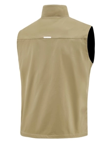 Men's multi-pocket fishing vest in khaki with reflective back strip and stand collar