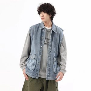 Gilet en jean délavé style streetwear japonais pour hommes avec poches cargo utilitaires