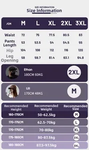 Detailed size guide for waterproof cargo shorts with waist and hip measurements