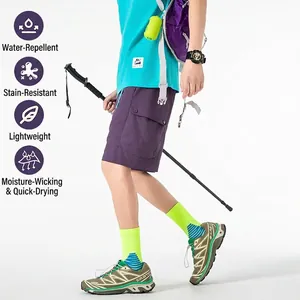 Men's lightweight purple cargo shorts and green t-shirt for outdoor hiking and sports