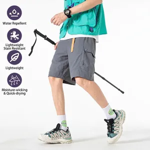 Men's ice-silk grey cargo shorts with orange straps and pockets for outdoor sports