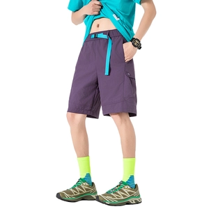 Men's purple quick-dry cargo shorts with contrast blue belt and multi-pocket design