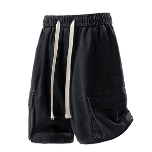 Men's loose black cargo denim shorts with elastic waist and large side pockets