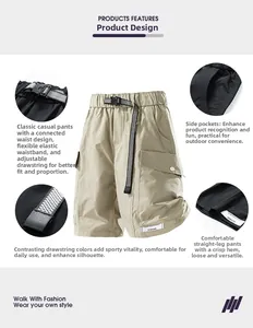 Detail view of khaki cargo shorts showing adjustable elastic waistband and large side pockets
