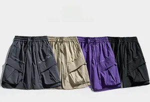 Details of casual cargo shorts featuring elastic drawstring waist and large 3D pockets
