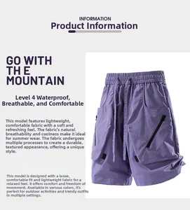 Detail of purple waterproof cargo shorts with zipper pockets and breathable fabric