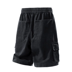 Men's black cargo denim shorts with elastic waist and large back pockets urban style