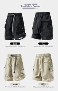 Detailed four-way view of water-resistant cargo shorts in black and khaki colors