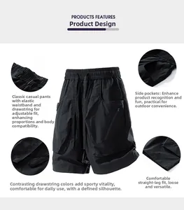 Detail view of black cargo shorts featuring elastic drawstring waist and side pockets