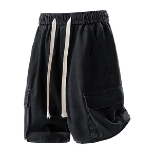 Men's relaxed fit cargo denim shorts with drawstring waist and large utility pockets