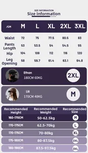 Detailed size chart for water-resistant cargo shorts showing measurements from M to 3XL