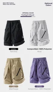 Detailed grid of 100% polyester cargo shorts in black, grey, khaki, and purple colors