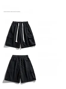 Front and back view of cargo denim shorts featuring large utility pockets and drawstring waist