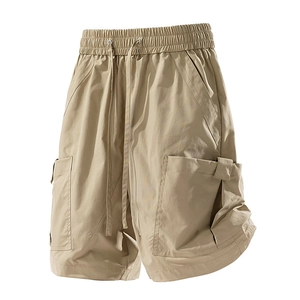 Men's khaki cargo shorts with elastic drawstring waist and large tactical side pockets