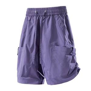 Deep purple cargo shorts with elastic drawstring waist and large 3D pockets for summer