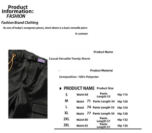 Detailed size chart for Japanese style cargo shorts made of 100% polyester fabric