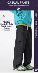 Detailed close-up of American-style black cargo pants with durable multi-pocket design