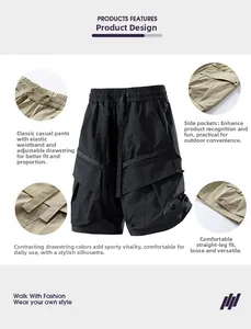 Detail view of cargo shorts featuring adjustable drawstring waist and 3D utility pockets