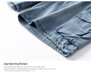 Detail of loose leg opening on light blue washed denim shorts with precise stitching