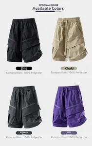 Detail view of cargo shorts in four colors featuring 100% polyester fabric and drawstrings