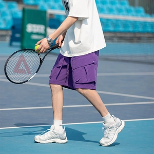 Men's purple cargo shorts with multi-pocket design and drawstring for summer sports