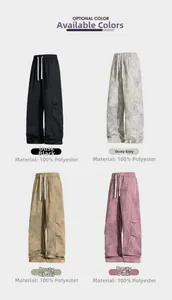 Detail showing elastic drawstring waist and pocket stitching on wide-leg trousers