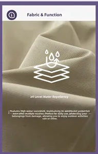 Detail showing level 4 waterproof fabric technology on khaki cargo shorts