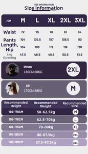 Detailed size chart for tie-dye casual trousers with measurements and fit guide