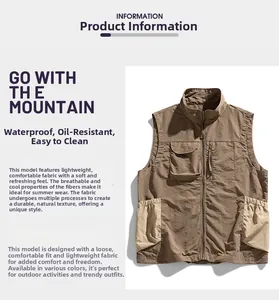 Detail of waterproof outdoor vest with contrast pockets and breathable fabric texture