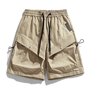Water-repellent khaki cargo shorts with elastic drawstring waist and large pockets