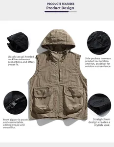Vue détaillée des caractéristiques du gilet extérieur kaki avec capuche et poches